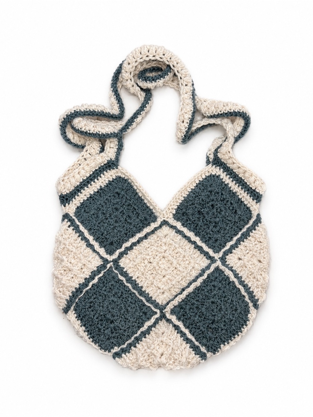 Handmade Crocheted Diamond Tote Bag in Cream and Dark Grey
